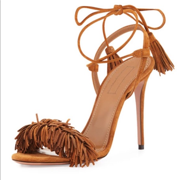 AQUAZURRA Brown Suede “Wild Thing” Fringe Heels Size 38.5 105 - Picture 1 of 4
